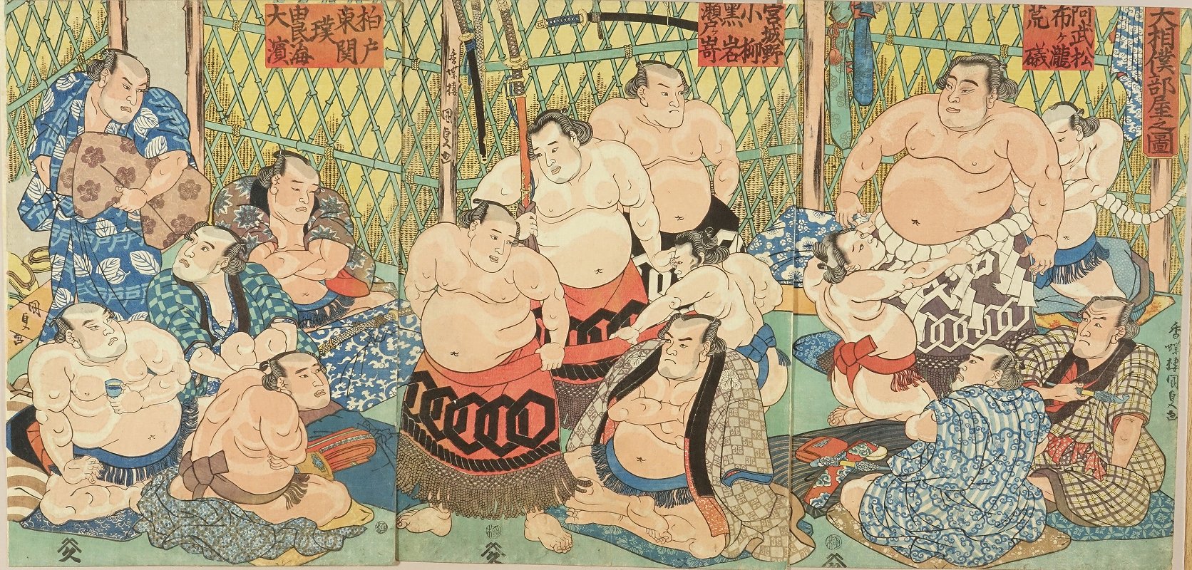 sumo wrestlers japanese painting